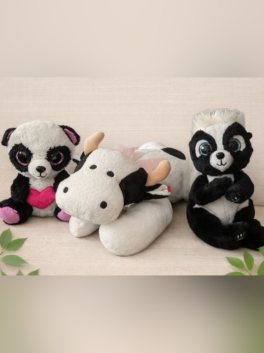 Ty Plush Bundle – Panda “Cutie Pie”, Skunk “Rukus” & Cow Beanie Baby